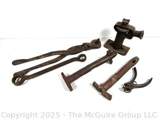 Primitive Farm Bench Tools Including Two (2) Forged Clevice/Drawbar Pins<br>

<br><br>

Removal Options:<br><br> Sat (Nov 8) & Sun (Nov 9) 11-3pm, 56 Scotch Hill Rd., Cambridge NY 12816<br><br>

Sat (Nov 15) 12-2pm, TMG Warehouse, 2800 Juniper St., Fairfax, VA 22031<br><br>

Request Shipping (david@themcguiregroupllc.com)