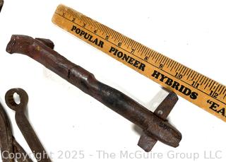 Primitive Farm Bench Tools Including Two (2) Forged Clevice/Drawbar Pins<br>

<br><br>

Removal Options:<br><br> Sat (Nov 8) & Sun (Nov 9) 11-3pm, 56 Scotch Hill Rd., Cambridge NY 12816<br><br>

Sat (Nov 15) 12-2pm, TMG Warehouse, 2800 Juniper St., Fairfax, VA 22031<br><br>

Request Shipping (david@themcguiregroupllc.com)