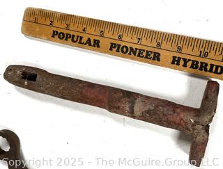 Primitive Farm Bench Tools Including Two (2) Forged Clevice/Drawbar Pins<br>

<br><br>

Removal Options:<br><br> Sat (Nov 8) & Sun (Nov 9) 11-3pm, 56 Scotch Hill Rd., Cambridge NY 12816<br><br>

Sat (Nov 15) 12-2pm, TMG Warehouse, 2800 Juniper St., Fairfax, VA 22031<br><br>

Request Shipping (david@themcguiregroupllc.com)