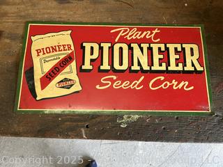 Enamel Painted Metal Plant Pioneer Seed Corn Sign. Measures 24 x 36"<br>

<br><br>

Removal Options:<br><br> Sat (Nov 8) & Sun (Nov 9) 11-3pm, 56 Scotch Hill Rd., Cambridge NY 12816<br><br>

Sat (Nov 15) 12-2pm, TMG Warehouse, 2800 Juniper St., Fairfax, VA 22031<br><br>

Request Shipping (david@themcguiregroupllc.com)