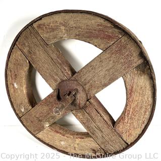 19th C Wooden Wagon Wheel with Forged Iron Rim (16"D), with Singletree Yoke Harnesses<br>

<br><br>

Removal Options:<br><br> Sat (Nov 8) & Sun (Nov 9) 11-3pm, 56 Scotch Hill Rd., Cambridge NY 12816<br><br>

