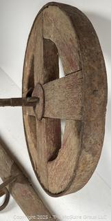 19th C Wooden Wagon Wheel with Forged Iron Rim (16"D), with Singletree Yoke Harnesses<br>

<br><br>

Removal Options:<br><br> Sat (Nov 8) & Sun (Nov 9) 11-3pm, 56 Scotch Hill Rd., Cambridge NY 12816<br><br>

