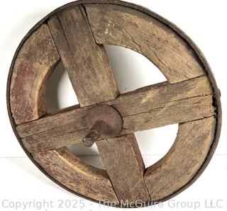 19th C Wooden Wagon Wheel with Forged Iron Rim (16"D), with Singletree Yoke Harnesses<br>

<br><br>

Removal Options:<br><br> Sat (Nov 8) & Sun (Nov 9) 11-3pm, 56 Scotch Hill Rd., Cambridge NY 12816<br><br>


