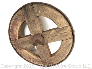 19th C Wooden Wagon Wheel with Forged Iron Rim (16"D), with Singletree Yoke Harnesses<br>

<br><br>

Removal Options:<br><br> Sat (Nov 8) & Sun (Nov 9) 11-3pm, 56 Scotch Hill Rd., Cambridge NY 12816<br><br>


