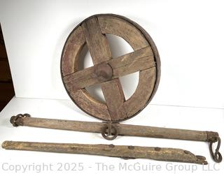 19th C Wooden Wagon Wheel with Forged Iron Rim (16"D), with Singletree Yoke Harnesses<br>

<br><br>

Removal Options:<br><br> Sat (Nov 8) & Sun (Nov 9) 11-3pm, 56 Scotch Hill Rd., Cambridge NY 12816<br><br>

