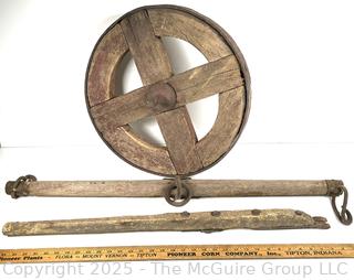 19th C Wooden Wagon Wheel with Forged Iron Rim (16"D), with Singletree Yoke Harnesses<br>

<br><br>

Removal Options:<br><br> Sat (Nov 8) & Sun (Nov 9) 11-3pm, 56 Scotch Hill Rd., Cambridge NY 12816<br><br>

