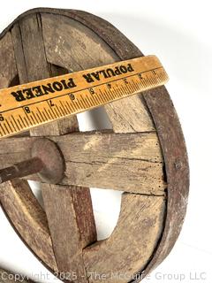 19th C Wooden Wagon Wheel with Forged Iron Rim (16"D), with Singletree Yoke Harnesses<br>

<br><br>

Removal Options:<br><br> Sat (Nov 8) & Sun (Nov 9) 11-3pm, 56 Scotch Hill Rd., Cambridge NY 12816<br><br>

