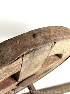 19th C Wooden Wagon Wheel with Forged Iron Rim (16"D), with Singletree Yoke Harnesses<br>

<br><br>

Removal Options:<br><br> Sat (Nov 8) & Sun (Nov 9) 11-3pm, 56 Scotch Hill Rd., Cambridge NY 12816<br><br>

