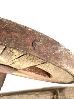 19th C Wooden Wagon Wheel with Forged Iron Rim (16"D), with Singletree Yoke Harnesses<br>

<br><br>

Removal Options:<br><br> Sat (Nov 8) & Sun (Nov 9) 11-3pm, 56 Scotch Hill Rd., Cambridge NY 12816<br><br>

