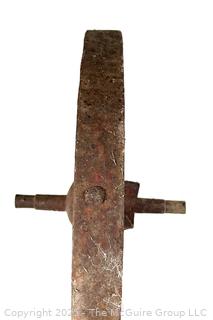 19th C Wooden Wagon Wheel with Forged Iron Rim (16"D), with Singletree Yoke Harnesses<br>

<br><br>

Removal Options:<br><br> Sat (Nov 8) & Sun (Nov 9) 11-3pm, 56 Scotch Hill Rd., Cambridge NY 12816<br><br>


