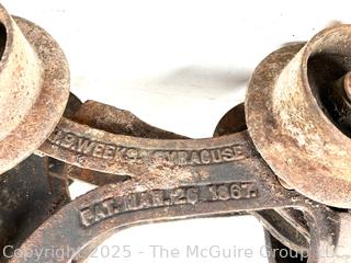 Circa 1870 J.B. Weeks Barn Cast Iron Trolley Made in Syracuse NY<br>

<br><br>

Removal Options:<br><br> Sat (Nov 8) & Sun (Nov 9) 11-3pm, 56 Scotch Hill Rd., Cambridge NY 12816<br><br>

Sat (Nov 15) 12-2pm, TMG Warehouse, 2800 Juniper St., Fairfax, VA 22031<br><br>

