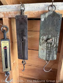 Three (3) Hanging Spring Scales<br>

<br><br>

Removal Options:<br><br> Sat (Nov 8) & Sun (Nov 9) 11-3pm, 56 Scotch Hill Rd., Cambridge NY 12816<br><br>

Sat (Nov 15) 12-2pm, TMG Warehouse, 2800 Juniper St., Fairfax, VA 22031<br><br>

Request Shipping (david@themcguiregroupllc.com)