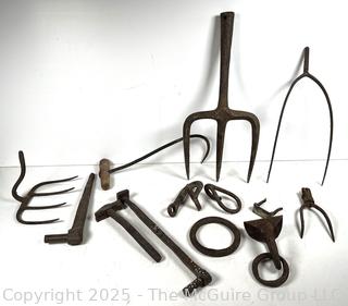 19th C Hand Forged Iron Farm Tools and Rake Heads<br>

<br><br>

Removal Options:<br><br> Sat (Nov 8) & Sun (Nov 9) 11-3pm, 56 Scotch Hill Rd., Cambridge NY 12816<br><br>

Sat (Nov 15) 12-2pm, TMG Warehouse, 2800 Juniper St., Fairfax, VA 22031<br><br>

Request Shipping (david@themcguiregroupllc.com)