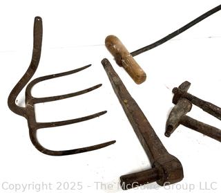19th C Hand Forged Iron Farm Tools and Rake Heads<br>

<br><br>

Removal Options:<br><br> Sat (Nov 8) & Sun (Nov 9) 11-3pm, 56 Scotch Hill Rd., Cambridge NY 12816<br><br>

Sat (Nov 15) 12-2pm, TMG Warehouse, 2800 Juniper St., Fairfax, VA 22031<br><br>

Request Shipping (david@themcguiregroupllc.com)