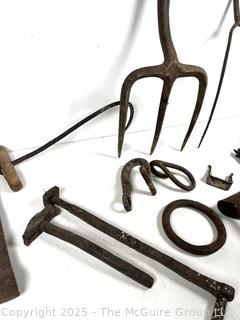 19th C Hand Forged Iron Farm Tools and Rake Heads<br>

<br><br>

Removal Options:<br><br> Sat (Nov 8) & Sun (Nov 9) 11-3pm, 56 Scotch Hill Rd., Cambridge NY 12816<br><br>

Sat (Nov 15) 12-2pm, TMG Warehouse, 2800 Juniper St., Fairfax, VA 22031<br><br>

Request Shipping (david@themcguiregroupllc.com)