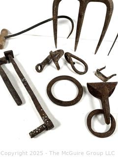19th C Hand Forged Iron Farm Tools and Rake Heads<br>

<br><br>

Removal Options:<br><br> Sat (Nov 8) & Sun (Nov 9) 11-3pm, 56 Scotch Hill Rd., Cambridge NY 12816<br><br>

Sat (Nov 15) 12-2pm, TMG Warehouse, 2800 Juniper St., Fairfax, VA 22031<br><br>

Request Shipping (david@themcguiregroupllc.com)