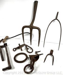 19th C Hand Forged Iron Farm Tools and Rake Heads<br>

<br><br>

Removal Options:<br><br> Sat (Nov 8) & Sun (Nov 9) 11-3pm, 56 Scotch Hill Rd., Cambridge NY 12816<br><br>

Sat (Nov 15) 12-2pm, TMG Warehouse, 2800 Juniper St., Fairfax, VA 22031<br><br>

Request Shipping (david@themcguiregroupllc.com)
