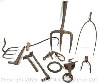 19th C Hand Forged Iron Farm Tools and Rake Heads<br>

<br><br>

Removal Options:<br><br> Sat (Nov 8) & Sun (Nov 9) 11-3pm, 56 Scotch Hill Rd., Cambridge NY 12816<br><br>

Sat (Nov 15) 12-2pm, TMG Warehouse, 2800 Juniper St., Fairfax, VA 22031<br><br>

Request Shipping (david@themcguiregroupllc.com)