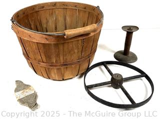 Bushel Basket, Iron Wheel and Pack of Ten (10) "On Hand" Egg Cleaners<br>

<br><br>

Removal Options:<br><br> Sat (Nov 8) & Sun (Nov 9) 11-3pm, 56 Scotch Hill Rd., Cambridge NY 12816<br><br>

Sat (Nov 15) 12-2pm, TMG Warehouse, 2800 Juniper St., Fairfax, VA 22031<br><br>

