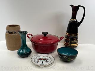 Le Creuset Red Enameled Casserole, Crock, Glass Cruet and Porcelainware<br>

<br><br>

Removal Options:<br><br> Sat (Nov 8) & Sun (Nov 9) 11-3pm, 56 Scotch Hill Rd., Cambridge NY 12816<br><br>

Sat (Nov 15) 12-2pm, TMG Warehouse, 2800 Juniper St., Fairfax, VA 22031<br><br>

Request Shipping (david@themcguiregroupllc.com)