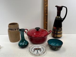 Le Creuset Red Enameled Casserole, Crock, Glass Cruet and Porcelainware<br>

<br><br>

Removal Options:<br><br> Sat (Nov 8) & Sun (Nov 9) 11-3pm, 56 Scotch Hill Rd., Cambridge NY 12816<br><br>

Sat (Nov 15) 12-2pm, TMG Warehouse, 2800 Juniper St., Fairfax, VA 22031<br><br>

Request Shipping (david@themcguiregroupllc.com)