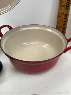 Le Creuset Red Enameled Casserole, Crock, Glass Cruet and Porcelainware<br>

<br><br>

Removal Options:<br><br> Sat (Nov 8) & Sun (Nov 9) 11-3pm, 56 Scotch Hill Rd., Cambridge NY 12816<br><br>

Sat (Nov 15) 12-2pm, TMG Warehouse, 2800 Juniper St., Fairfax, VA 22031<br><br>

Request Shipping (david@themcguiregroupllc.com)