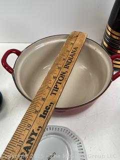 Le Creuset Red Enameled Casserole, Crock, Glass Cruet and Porcelainware<br>

<br><br>

Removal Options:<br><br> Sat (Nov 8) & Sun (Nov 9) 11-3pm, 56 Scotch Hill Rd., Cambridge NY 12816<br><br>

Sat (Nov 15) 12-2pm, TMG Warehouse, 2800 Juniper St., Fairfax, VA 22031<br><br>

Request Shipping (david@themcguiregroupllc.com)