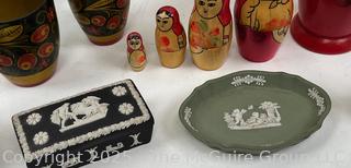Decorative Ware Including Wedgewood Black and Green Jasperware Trinket Box and Pin Dish, Matryoshka Doll, Thyssen Keramik Denmark Etc.<br>

<br><br>

Removal Options:<br><br> Sat (Nov 8) & Sun (Nov 9) 11-3pm, 56 Scotch Hill Rd., Cambridge NY 12816<br><br>

Sat (Nov 15) 12-2pm, TMG Warehouse, 2800 Juniper St., Fairfax, VA 22031<br><br>

Request Shipping (david@themcguiregroupllc.com)