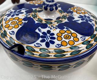 Hand Painted Pottery Covered Tureen and Vase<br>

<br><br>

Removal Options:<br><br> Sat (Nov 8) & Sun (Nov 9) 11-3pm, 56 Scotch Hill Rd., Cambridge NY 12816<br><br>

Sat (Nov 15) 12-2pm, TMG Warehouse, 2800 Juniper St., Fairfax, VA 22031<br><br>

Request Shipping (david@themcguiregroupllc.com)