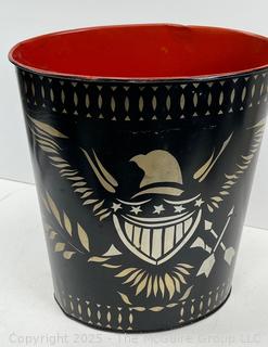 Stenciled Toleware Wastebasket by Jane Hanks<br>

<br><br>

Removal Options:<br><br> Sat (Nov 8) & Sun (Nov 9) 11-3pm, 56 Scotch Hill Rd., Cambridge NY 12816<br><br>

Sat (Nov 15) 12-2pm, TMG Warehouse, 2800 Juniper St., Fairfax, VA 22031<br><br>

Request Shipping (david@themcguiregroupllc.com)