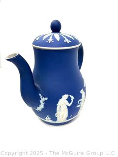 English Wedgwood Cobalt Blue Jasperware Coffee Pot & Lid<br>

<br><br>

Removal Options:<br><br> Sat (Nov 8) & Sun (Nov 9) 11-3pm, 56 Scotch Hill Rd., Cambridge NY 12816<br><br>

Sat (Nov 15) 12-2pm, TMG Warehouse, 2800 Juniper St., Fairfax, VA 22031<br><br>

Request Shipping (david@themcguiregroupllc.com) 