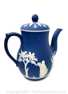 English Wedgwood Cobalt Blue Jasperware Coffee Pot & Lid<br>

<br><br>

Removal Options:<br><br> Sat (Nov 8) & Sun (Nov 9) 11-3pm, 56 Scotch Hill Rd., Cambridge NY 12816<br><br>

Sat (Nov 15) 12-2pm, TMG Warehouse, 2800 Juniper St., Fairfax, VA 22031<br><br>

Request Shipping (david@themcguiregroupllc.com) 