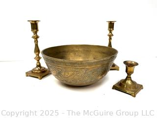 Etched Brass Serving Bowl and Three (3) Candlesticks<br>

<br><br>

Removal Options:<br><br> Sat (Nov 8) & Sun (Nov 9) 11-3pm, 56 Scotch Hill Rd., Cambridge NY 12816<br><br>

Sat (Nov 15) 12-2pm, TMG Warehouse, 2800 Juniper St., Fairfax, VA 22031<br><br>

Request Shipping (david@themcguiregroupllc.com)