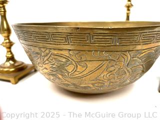 Etched Brass Serving Bowl and Three (3) Candlesticks<br>

<br><br>

Removal Options:<br><br> Sat (Nov 8) & Sun (Nov 9) 11-3pm, 56 Scotch Hill Rd., Cambridge NY 12816<br><br>

Sat (Nov 15) 12-2pm, TMG Warehouse, 2800 Juniper St., Fairfax, VA 22031<br><br>

Request Shipping (david@themcguiregroupllc.com)