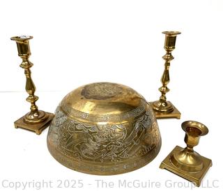 Etched Brass Serving Bowl and Three (3) Candlesticks<br>

<br><br>

Removal Options:<br><br> Sat (Nov 8) & Sun (Nov 9) 11-3pm, 56 Scotch Hill Rd., Cambridge NY 12816<br><br>

Sat (Nov 15) 12-2pm, TMG Warehouse, 2800 Juniper St., Fairfax, VA 22031<br><br>

Request Shipping (david@themcguiregroupllc.com)