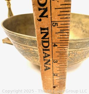 Etched Brass Serving Bowl and Three (3) Candlesticks<br>

<br><br>

Removal Options:<br><br> Sat (Nov 8) & Sun (Nov 9) 11-3pm, 56 Scotch Hill Rd., Cambridge NY 12816<br><br>

Sat (Nov 15) 12-2pm, TMG Warehouse, 2800 Juniper St., Fairfax, VA 22031<br><br>

Request Shipping (david@themcguiregroupllc.com)