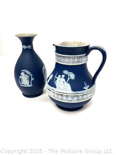 Two (2) Pieces Cobalt Blue English Wedgwood Jasperware Jug and Vase<br>

<br><br>

Removal Options:<br><br> Sat (Nov 8) & Sun (Nov 9) 11-3pm, 56 Scotch Hill Rd., Cambridge NY 12816<br><br>

Sat (Nov 15) 12-2pm, TMG Warehouse, 2800 Juniper St., Fairfax, VA 22031<br><br>

Request Shipping (david@themcguiregroupllc.com)