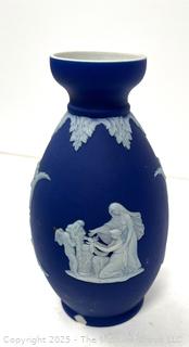 Four (4) Pieces Cobalt Blue English Wedgwood Jasperware Teapot, Creamer, Sugar and Bud Vase<br>

<br><br>

Removal Options:<br><br> Sat (Nov 8) & Sun (Nov 9) 11-3pm, 56 Scotch Hill Rd., Cambridge NY 12816<br><br>

Sat (Nov 15) 12-2pm, TMG Warehouse, 2800 Juniper St., Fairfax, VA 22031<br><br>

Request Shipping (david@themcguiregroupllc.com)