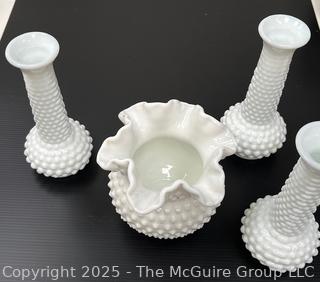 Pixel Four (4) Hobnail Milk Glass Vases<br>

<br><br>

Removal Options:<br><br> Sat (Nov 8) & Sun (Nov 9) 11-3pm, 56 Scotch Hill Rd., Cambridge NY 12816<br><br>

Sat (Nov 15) 12-2pm, TMG Warehouse, 2800 Juniper St., Fairfax, VA 22031<br><br>

Request Shipping (david@themcguiregroupllc.com)