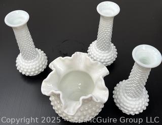 Pixel Four (4) Hobnail Milk Glass Vases<br>

<br><br>

Removal Options:<br><br> Sat (Nov 8) & Sun (Nov 9) 11-3pm, 56 Scotch Hill Rd., Cambridge NY 12816<br><br>

Sat (Nov 15) 12-2pm, TMG Warehouse, 2800 Juniper St., Fairfax, VA 22031<br><br>

Request Shipping (david@themcguiregroupllc.com)
