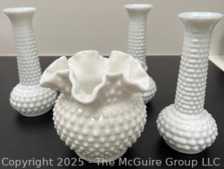 Pixel Four (4) Hobnail Milk Glass Vases<br>

<br><br>

Removal Options:<br><br> Sat (Nov 8) & Sun (Nov 9) 11-3pm, 56 Scotch Hill Rd., Cambridge NY 12816<br><br>

Sat (Nov 15) 12-2pm, TMG Warehouse, 2800 Juniper St., Fairfax, VA 22031<br><br>

Request Shipping (david@themcguiregroupllc.com)