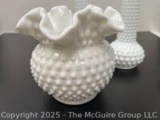 Pixel Four (4) Hobnail Milk Glass Vases<br>

<br><br>

Removal Options:<br><br> Sat (Nov 8) & Sun (Nov 9) 11-3pm, 56 Scotch Hill Rd., Cambridge NY 12816<br><br>

Sat (Nov 15) 12-2pm, TMG Warehouse, 2800 Juniper St., Fairfax, VA 22031<br><br>

Request Shipping (david@themcguiregroupllc.com)