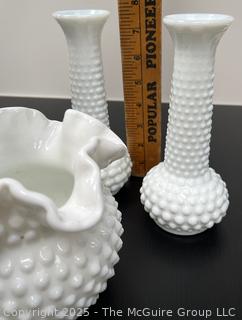 Pixel Four (4) Hobnail Milk Glass Vases<br>

<br><br>

Removal Options:<br><br> Sat (Nov 8) & Sun (Nov 9) 11-3pm, 56 Scotch Hill Rd., Cambridge NY 12816<br><br>

Sat (Nov 15) 12-2pm, TMG Warehouse, 2800 Juniper St., Fairfax, VA 22031<br><br>

Request Shipping (david@themcguiregroupllc.com)