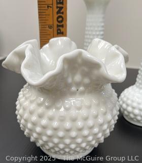Pixel Four (4) Hobnail Milk Glass Vases<br>

<br><br>

Removal Options:<br><br> Sat (Nov 8) & Sun (Nov 9) 11-3pm, 56 Scotch Hill Rd., Cambridge NY 12816<br><br>

Sat (Nov 15) 12-2pm, TMG Warehouse, 2800 Juniper St., Fairfax, VA 22031<br><br>

Request Shipping (david@themcguiregroupllc.com)