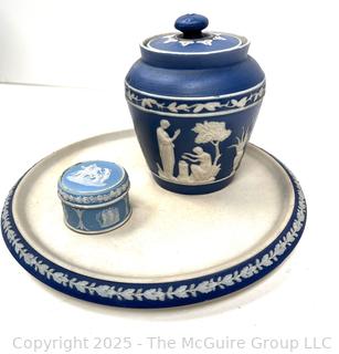 Three (3) Pieces English Wedgwood Jasperware Jar, Trinket Box and Dish<br>

<br><br>

Removal Options:<br><br> Sat (Nov 8) & Sun (Nov 9) 11-3pm, 56 Scotch Hill Rd., Cambridge NY 12816<br><br>

Sat (Nov 15) 12-2pm, TMG Warehouse, 2800 Juniper St., Fairfax, VA 22031<br><br>

Request Shipping (david@themcguiregroupllc.com)