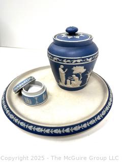 Three (3) Pieces English Wedgwood Jasperware Jar, Trinket Box and Dish<br>

<br><br>

Removal Options:<br><br> Sat (Nov 8) & Sun (Nov 9) 11-3pm, 56 Scotch Hill Rd., Cambridge NY 12816<br><br>

Sat (Nov 15) 12-2pm, TMG Warehouse, 2800 Juniper St., Fairfax, VA 22031<br><br>

Request Shipping (david@themcguiregroupllc.com)