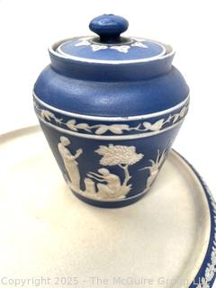 Three (3) Pieces English Wedgwood Jasperware Jar, Trinket Box and Dish<br>

<br><br>

Removal Options:<br><br> Sat (Nov 8) & Sun (Nov 9) 11-3pm, 56 Scotch Hill Rd., Cambridge NY 12816<br><br>

Sat (Nov 15) 12-2pm, TMG Warehouse, 2800 Juniper St., Fairfax, VA 22031<br><br>

Request Shipping (david@themcguiregroupllc.com)