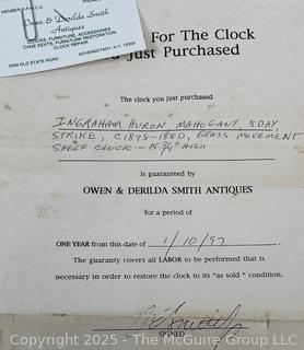 Ingraham Huron Mahogany 8 Day Mantel Clock<br>

<br><br>

Removal Options:<br><br> Sat (Nov 8) & Sun (Nov 9) 11-3pm, 56 Scotch Hill Rd., Cambridge NY 12816<br><br>

Sat (Nov 15) 12-2pm, TMG Warehouse, 2800 Juniper St., Fairfax, VA 22031<br><br>

Request Shipping (david@themcguiregroupllc.com)