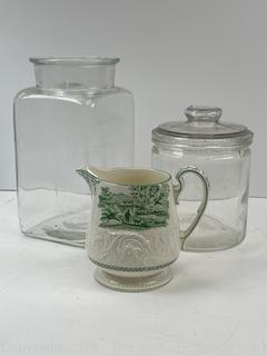 Two (2) Glass Canisters and Wedgwood Patrician Torbay Pattern Creamer<br>

<br><br>

Removal Options:<br><br> Sat (Nov 8) & Sun (Nov 9) 11-3pm, 56 Scotch Hill Rd., Cambridge NY 12816<br><br>

Sat (Nov 15) 12-2pm, TMG Warehouse, 2800 Juniper St., Fairfax, VA 22031<br><br>

Request Shipping (david@themcguiregroupllc.com)
