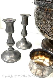 Group of Silver Plate Items Including Floral Centerpiece<br>

<br><br>

Removal Options:<br><br> Sat (Nov 8) & Sun (Nov 9) 11-3pm, 56 Scotch Hill Rd., Cambridge NY 12816<br><br>

Sat (Nov 15) 12-2pm, TMG Warehouse, 2800 Juniper St., Fairfax, VA 22031<br><br>

Request Shipping (david@themcguiregroupllc.com) 
